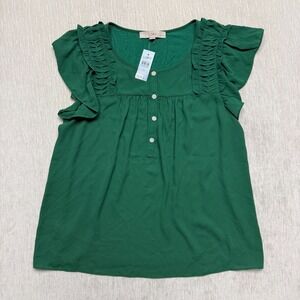 LOFT Blouse Top Womens LP Emerald Green Knit Flutter Sleeve Career Travel Casual